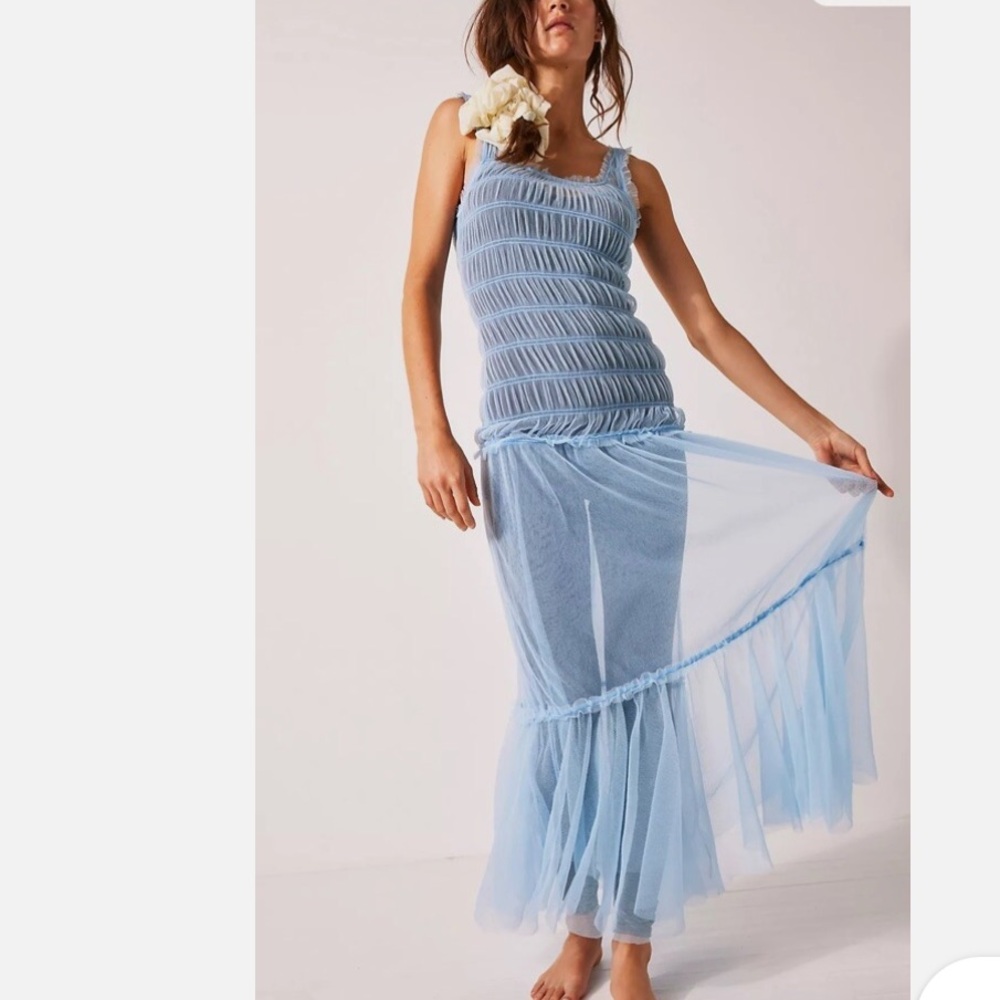Free People Smock About It Slip “Lake Life” Light Blue Sheer Tulle Slip NWT